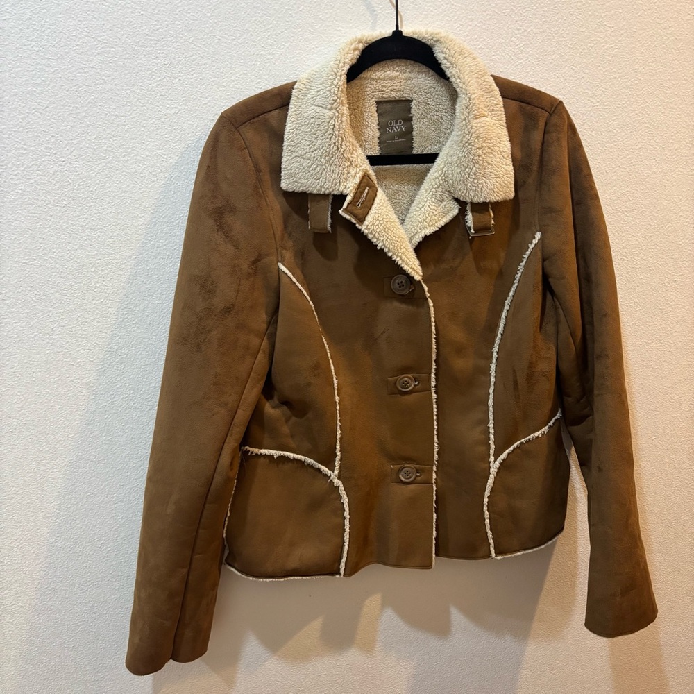 Y2K 2006  Old Navy Faux Suede Sherpa Jacket Women’s Large – Brown / Cream - Picture 7 of 16